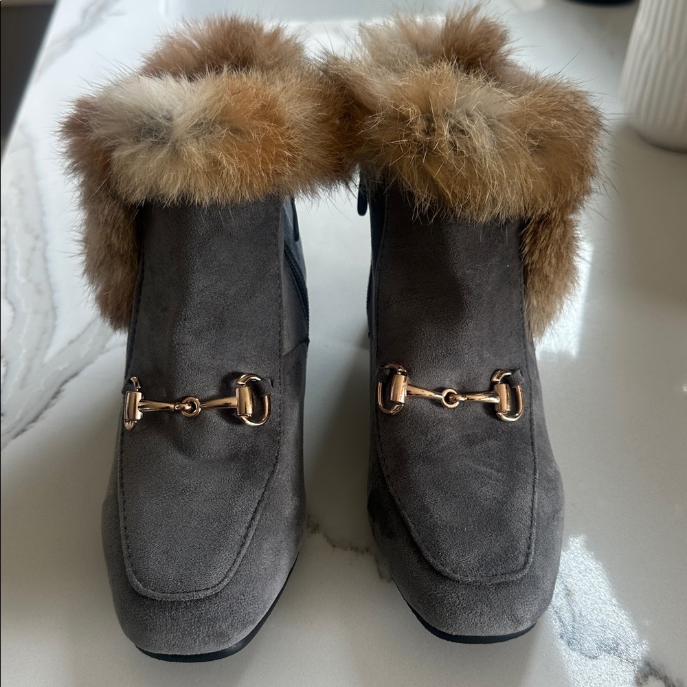 Gray Suede Fur-Trimmed Loafers